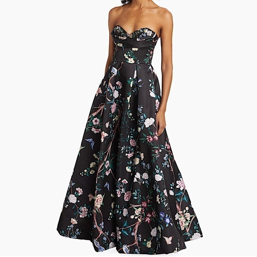 Marchesa Notte Strapless Floral Satin Maxi Gown Beaded Bodice Black 14‎